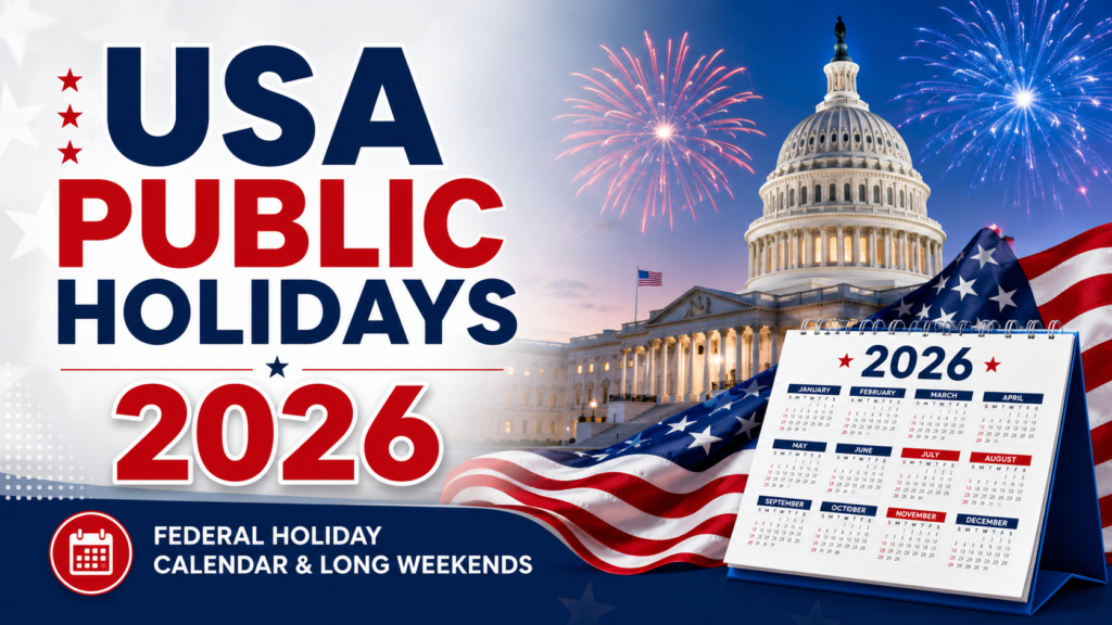 USA Public Holidays 2026 federal holiday calendar with American flag and 2026 calendar