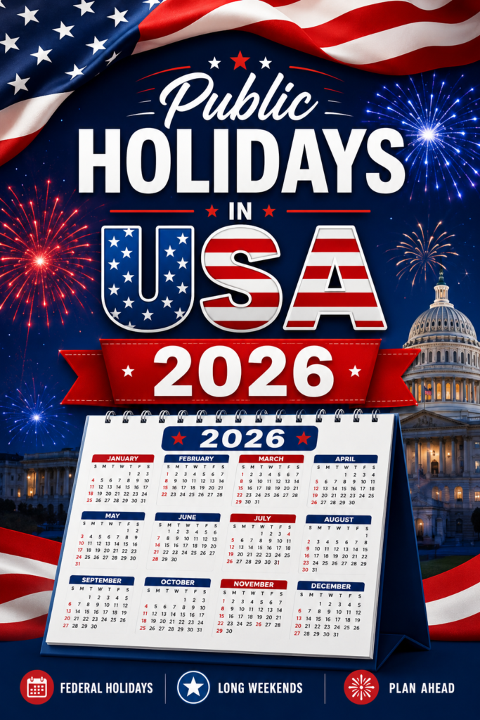 Public Holidays in USA 2026 mobile guide with calendar and American flag