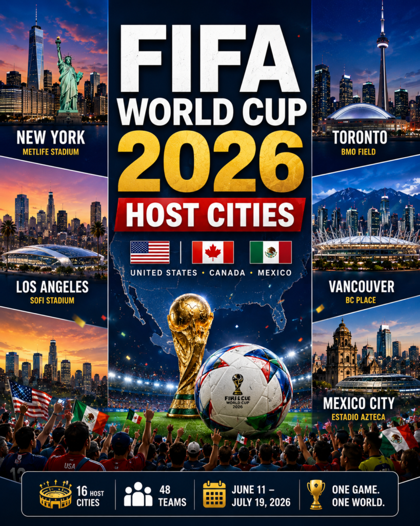 FIFA World Cup 2026 host cities guide featuring stadiums and venues in USA Canada and Mexico