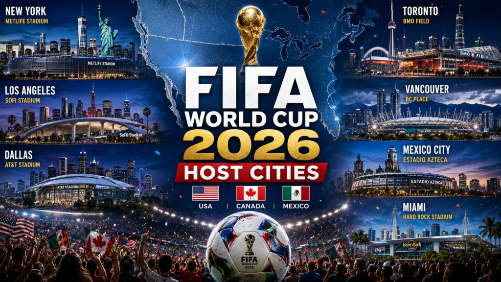 FIFA World Cup 2026 host cities guide featuring stadiums and venues in USA Canada and Mexico