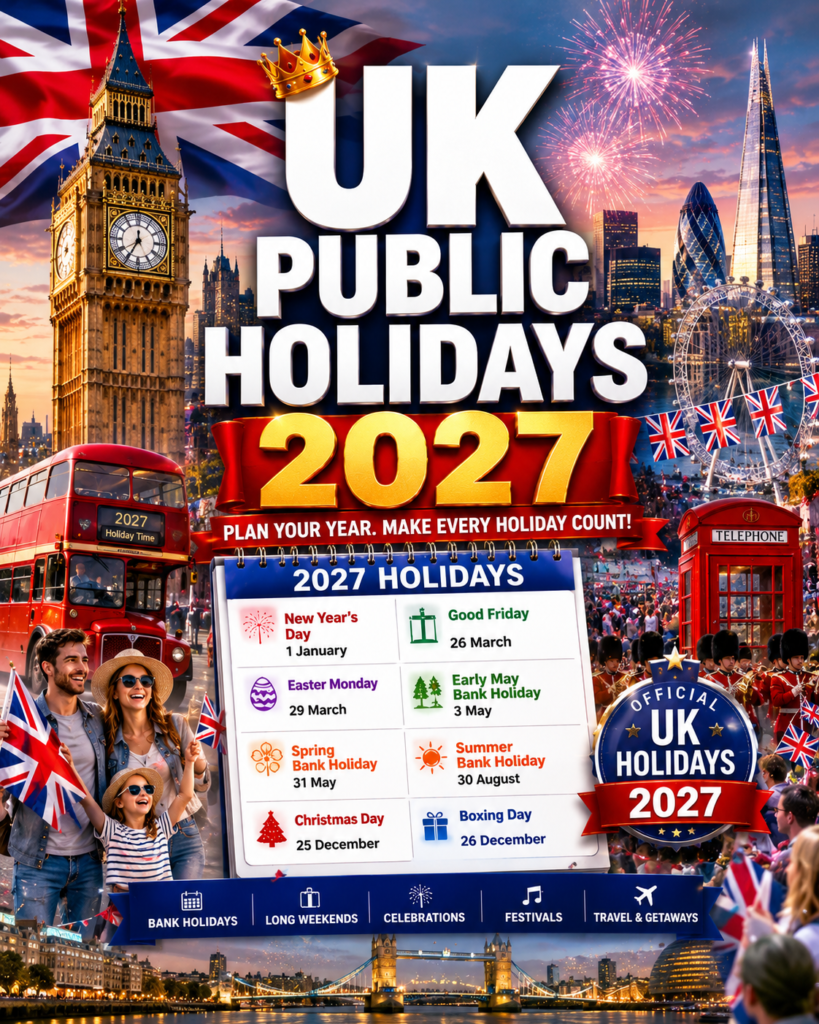 UK Public Holidays 2027 calendar showing bank holidays and important dates across the United Kingdom