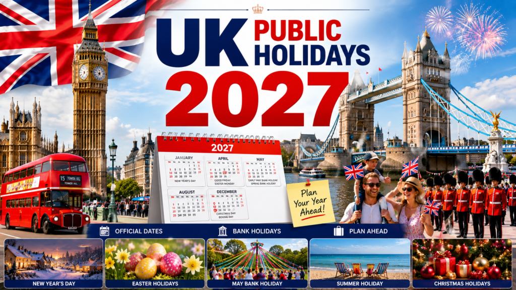 UK Public Holidays 2027 calendar showing bank holidays and important dates across the United Kingdom
