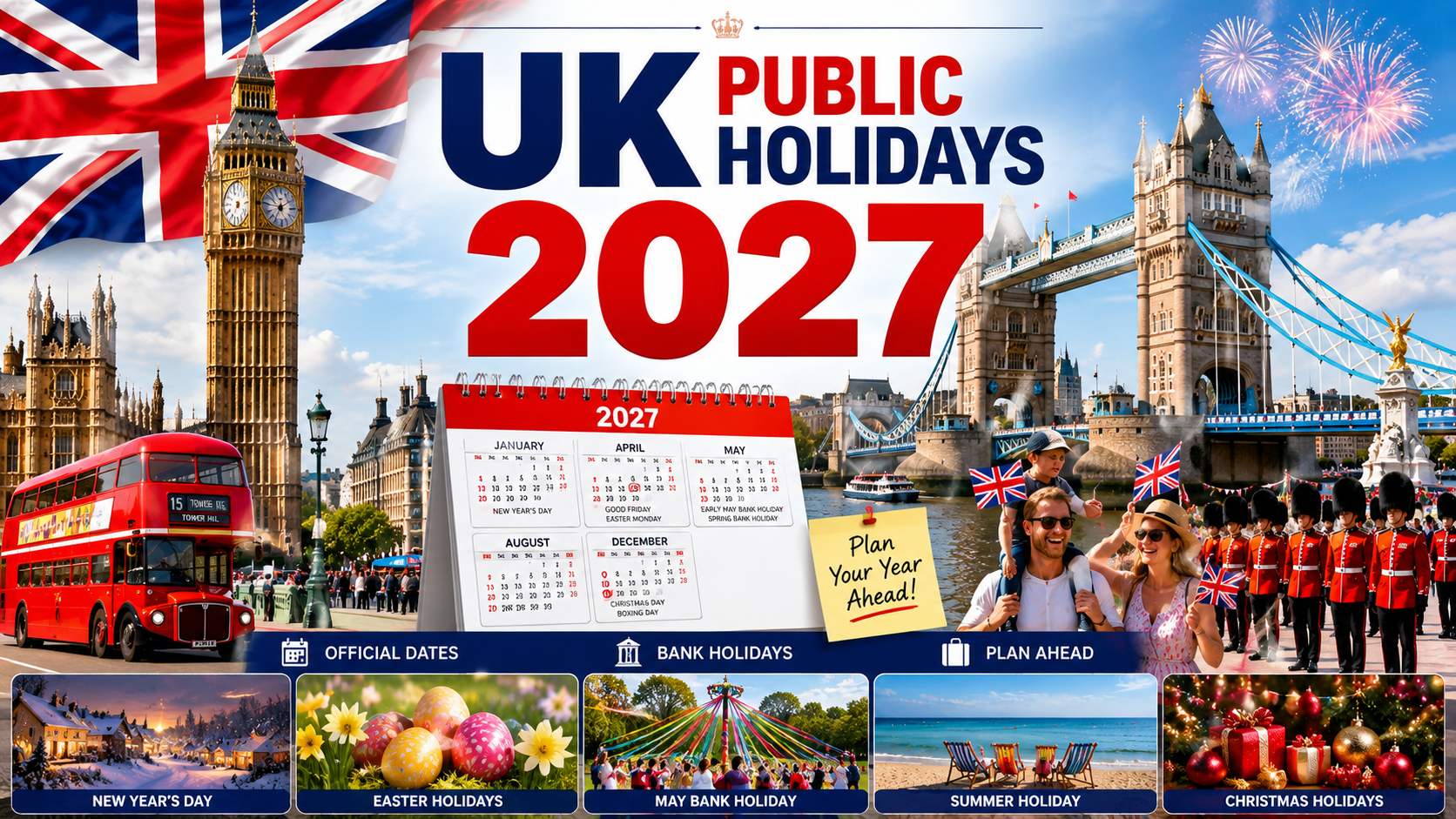 UK Public Holidays 2027 calendar showing bank holidays and important dates across the United Kingdom